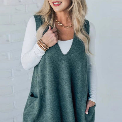 Women's Loose-Fit V-Neck Sweater Vest with Pockets