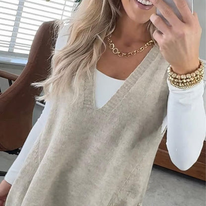 Women's Loose-Fit V-Neck Sweater Vest with Pockets