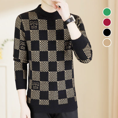 Men‘s Plaid Printed Half High Neck Thickened Pullover Sweater