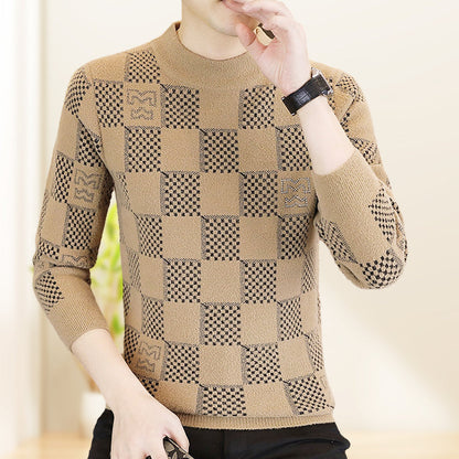 Men‘s Plaid Printed Half High Neck Thickened Pullover Sweater