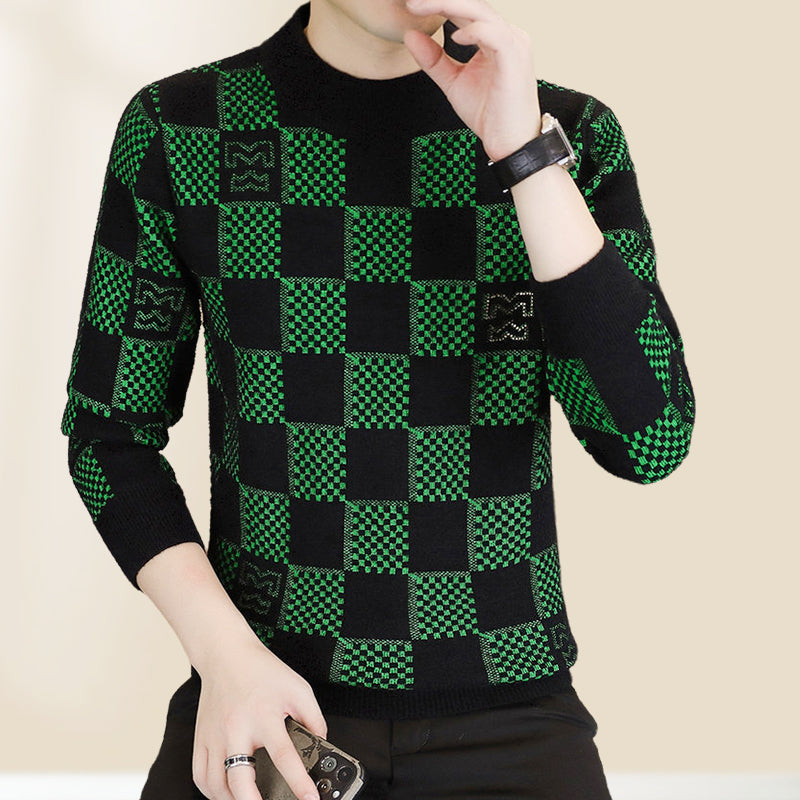 Men‘s Plaid Printed Half High Neck Thickened Pullover Sweater