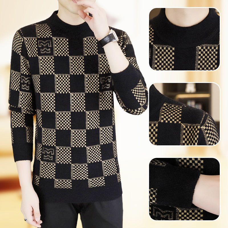 Men‘s Plaid Printed Half High Neck Thickened Pullover Sweater