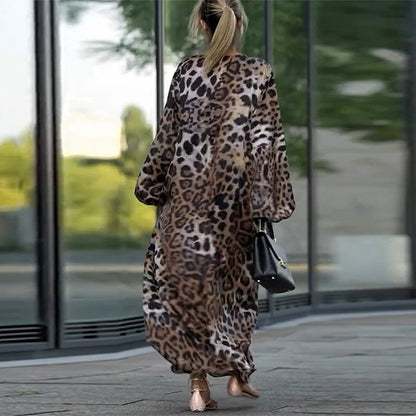 Women's Loose Leopard Print Long Sleeve Dress