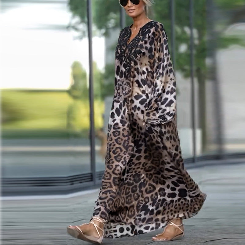 Women's Loose Leopard Print Long Sleeve Dress