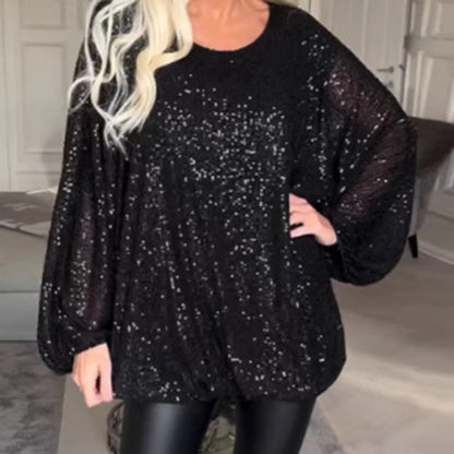 Round Neck Sequin Long Sleeve Loose Top