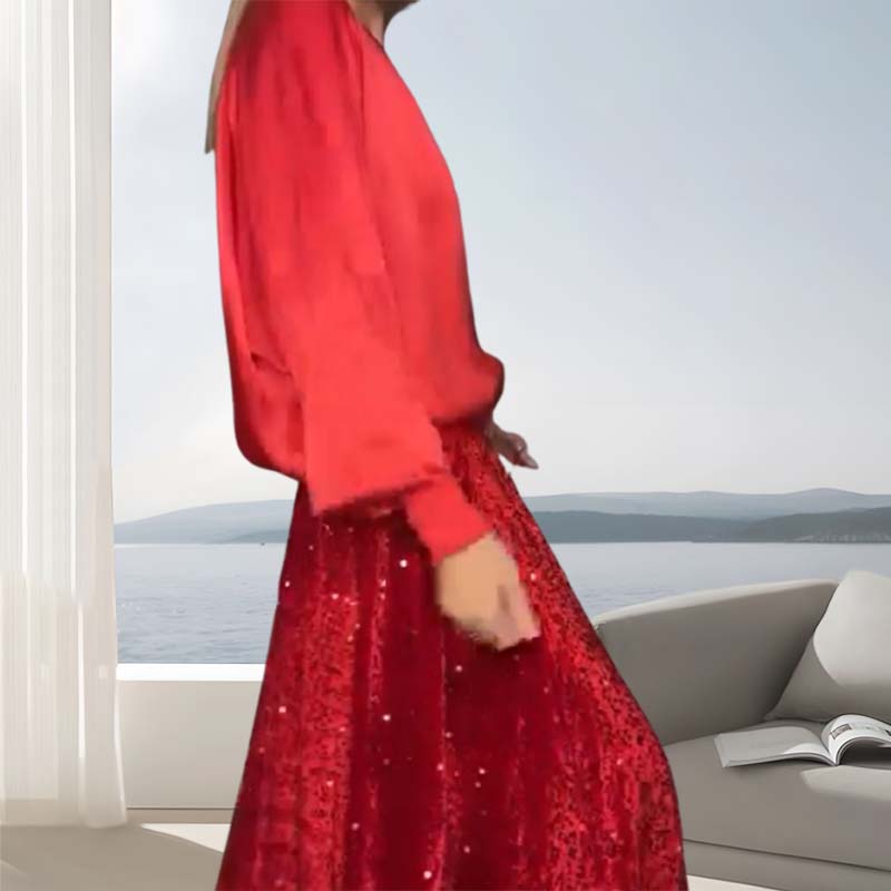 🎅Xmas Sales - 50% OFF🎄Women's Long Sleeve Top & Sequin Maxi Skirt Two-Piece Set