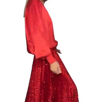 🎅Xmas Sales - 50% OFF🎄Women's Long Sleeve Top & Sequin Maxi Skirt Two-Piece Set