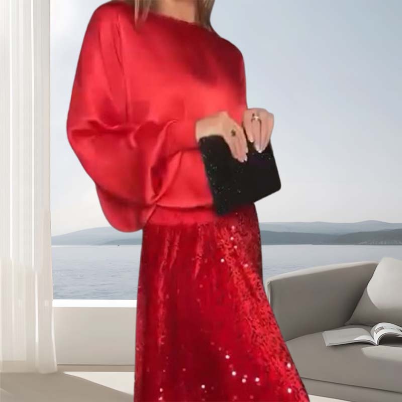 🎅Xmas Sales - 50% OFF🎄Women's Long Sleeve Top & Sequin Maxi Skirt Two-Piece Set