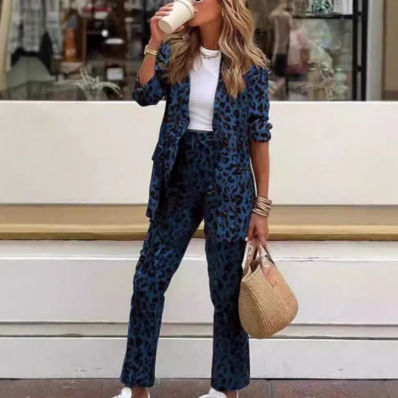 Leopard Print Lapel Long Sleeve Top High Waisted Pants Set