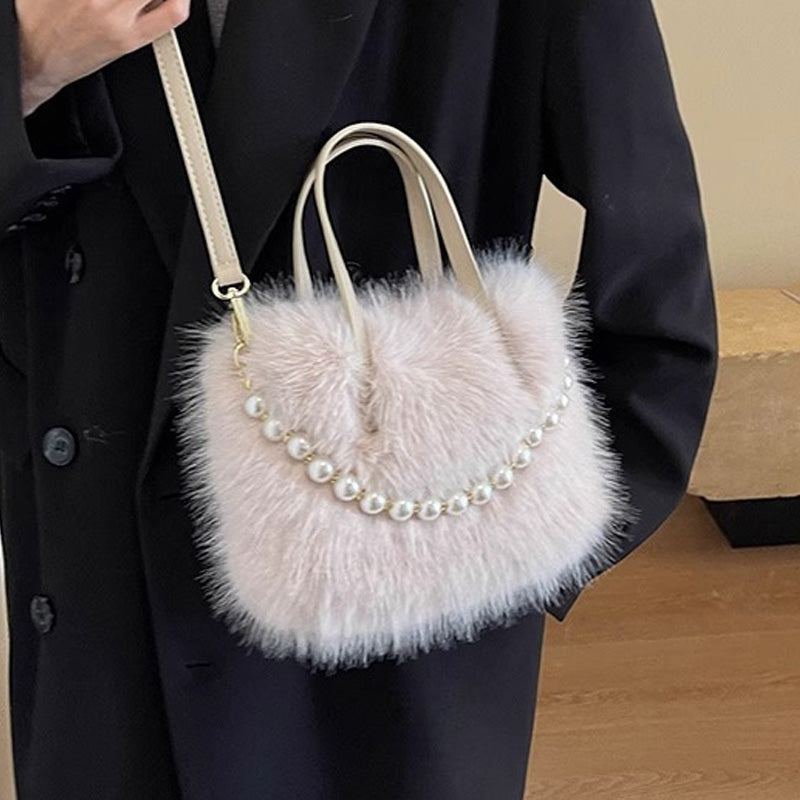 Elegant Pearl-Embellished Faux Fur Shoulder Bag