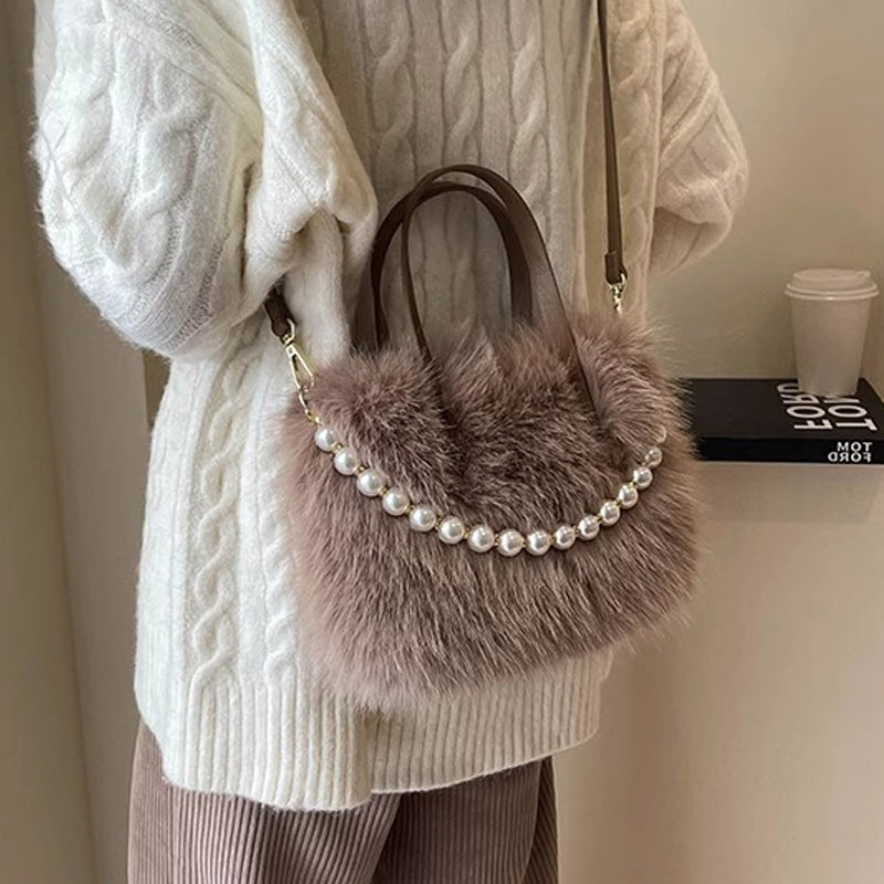 Elegant Pearl-Embellished Faux Fur Shoulder Bag