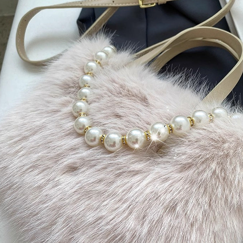 Elegant Pearl-Embellished Faux Fur Shoulder Bag