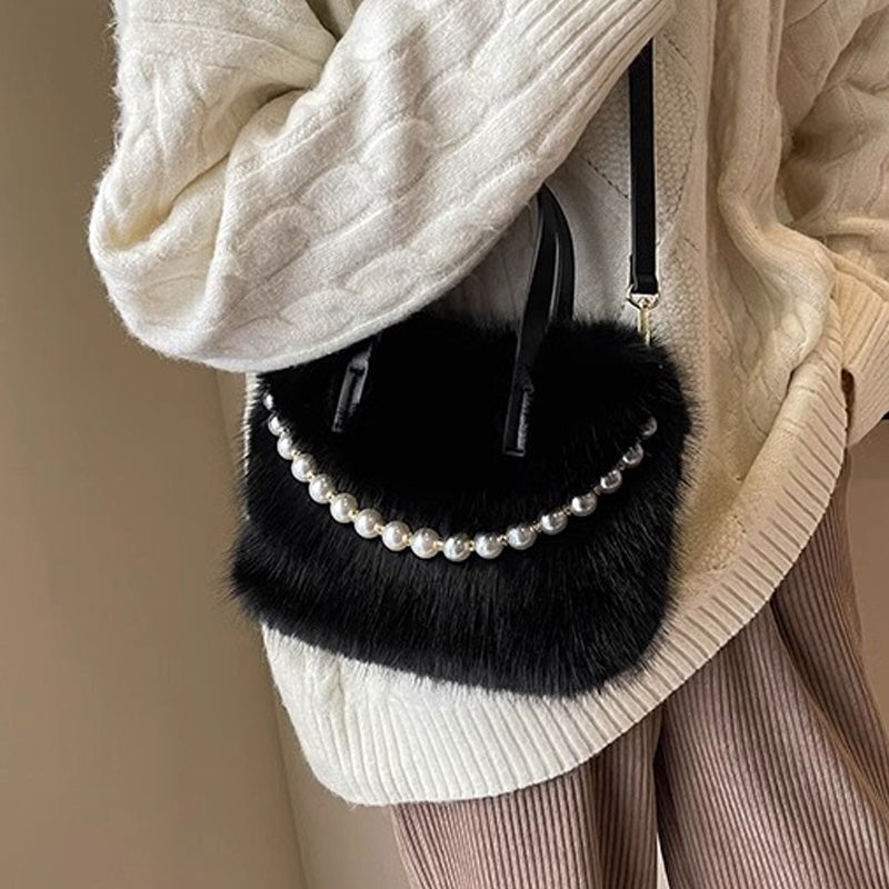 Elegant Pearl-Embellished Faux Fur Shoulder Bag