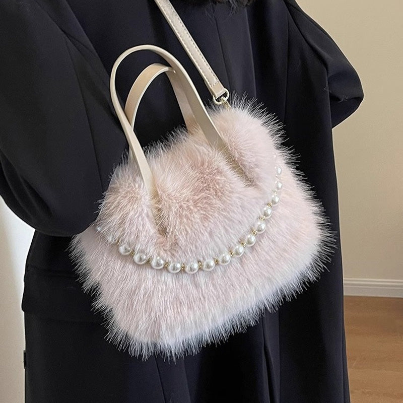 Elegant Pearl-Embellished Faux Fur Shoulder Bag