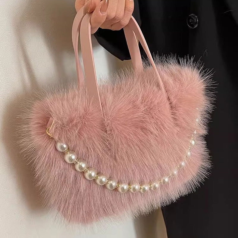 Elegant Pearl-Embellished Faux Fur Shoulder Bag