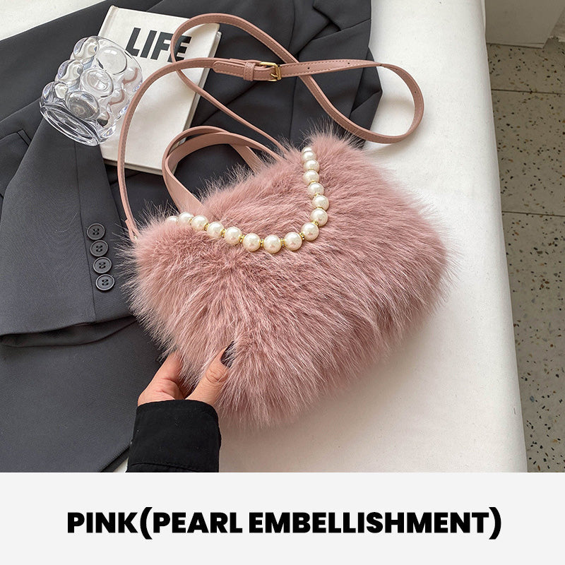 Elegant Pearl-Embellished Faux Fur Shoulder Bag