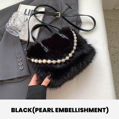 Elegant Pearl-Embellished Faux Fur Shoulder Bag