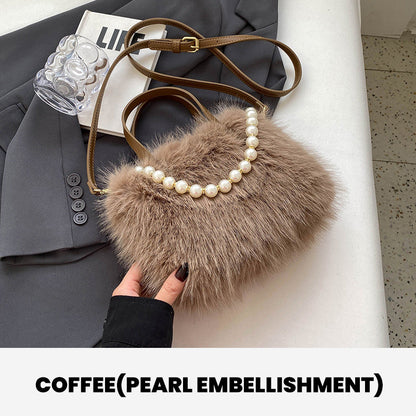 Elegant Pearl-Embellished Faux Fur Shoulder Bag