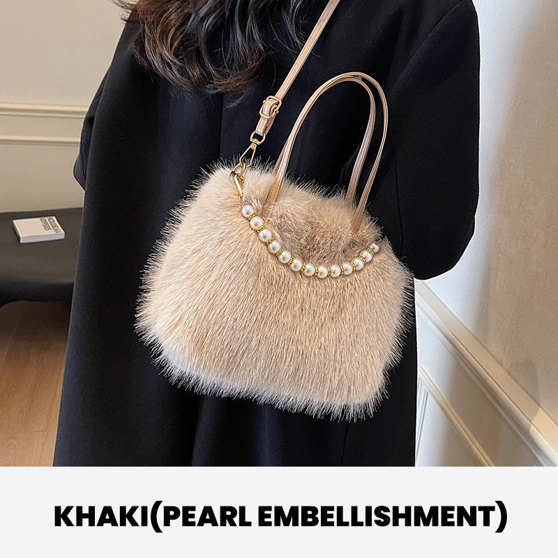 Elegant Pearl-Embellished Faux Fur Shoulder Bag