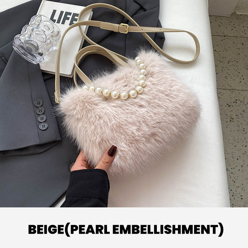 Elegant Pearl-Embellished Faux Fur Shoulder Bag