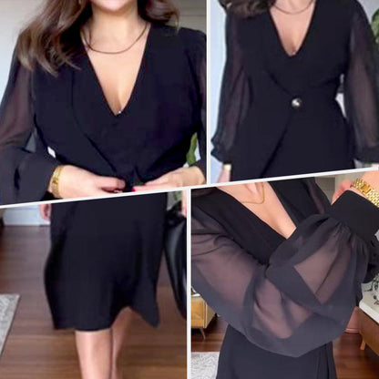 Women's Elegant V-Neck Mesh Long Lantern Sleeve Dresses