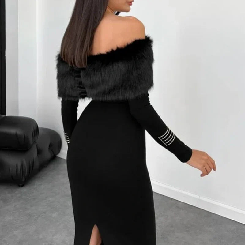 Women's Off-Shoulder Midi Dress with Plush Collar