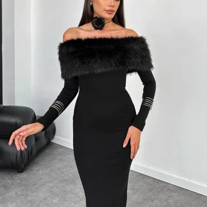 Women's Off-Shoulder Midi Dress with Plush Collar