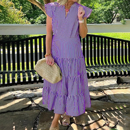 BUY 2 FREE SHIPPING✈️🏖️Summer Hot Sale 49% OFF🌼Women’s Striped Tiered Ruffle Midi Dress