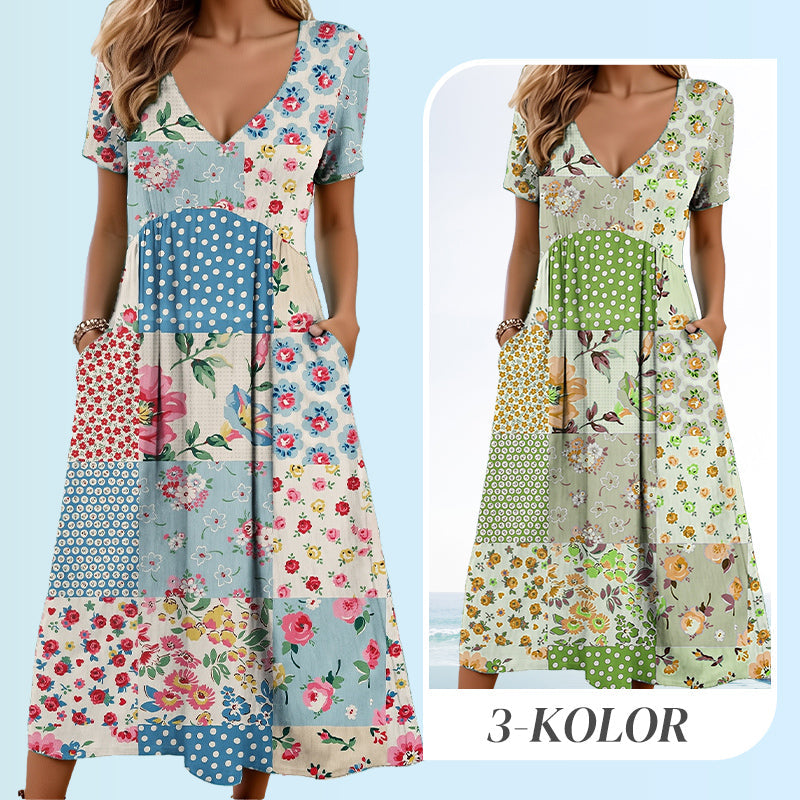 🥳2026 HOT SALE🥳💞50K+ SOLD!💙50% OFF! Women's Patterned V-Neck Short Sleeve Dress – Soft fabric, slim flattering fit, casual daily essential🌿✅