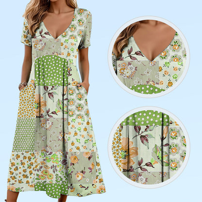 🥳2026 HOT SALE🥳💞50K+ SOLD!💙50% OFF! Women's Patterned V-Neck Short Sleeve Dress – Soft fabric, slim flattering fit, casual daily essential🌿✅