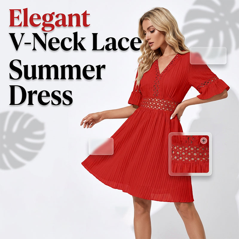 🌸Chic V-Neck Dress with Lace Cutout Details✨ Step Into Summer In Style