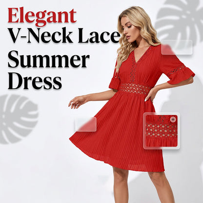 🌸Chic V-Neck Dress with Lace Cutout Details✨ Step Into Summer In Style