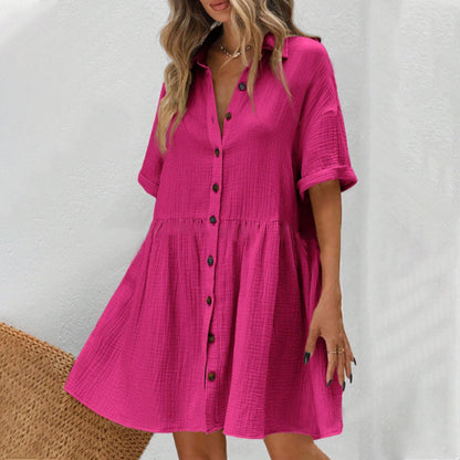 💃2026 Summer Sale-60% OFF💐Women's Short Sleeve Button Down Textured Babydoll Dress with Pockets
