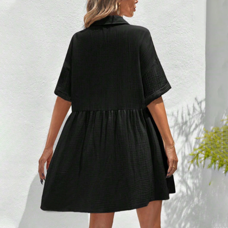 💃2026 Summer Sale-60% OFF💐Women's Short Sleeve Button Down Textured Babydoll Dress with Pockets