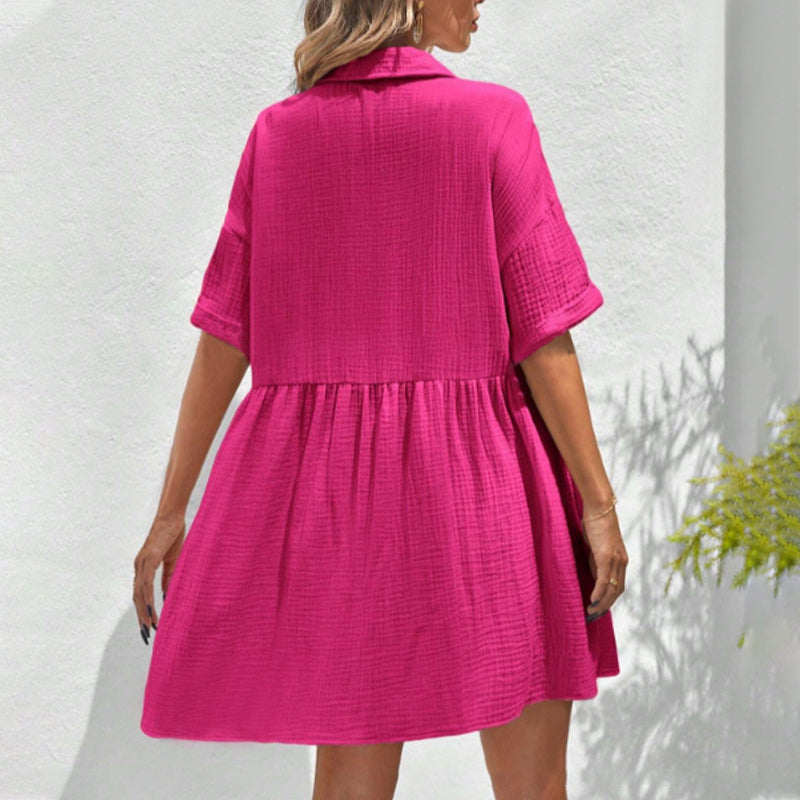 💃2026 Summer Sale-60% OFF💐Women's Short Sleeve Button Down Textured Babydoll Dress with Pockets