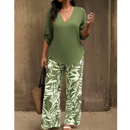 ⏳Time-Limited Special⏰Women's V-Neck Blouse & Printed Wide-Leg Pants Set