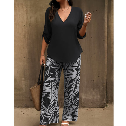 ⏳Time-Limited Special⏰Women's V-Neck Blouse & Printed Wide-Leg Pants Set