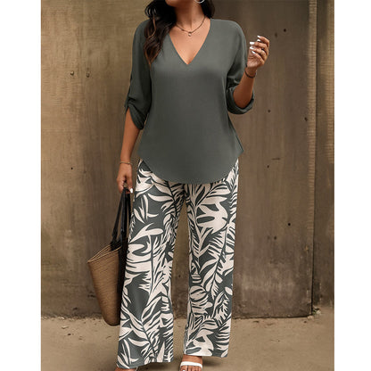 ⏳Time-Limited Special⏰Women's V-Neck Blouse & Printed Wide-Leg Pants Set