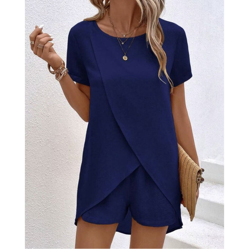 📢📢35% OFF !! ⏰Women's Solid Color Irregular Top & Shorts Two Piece Set