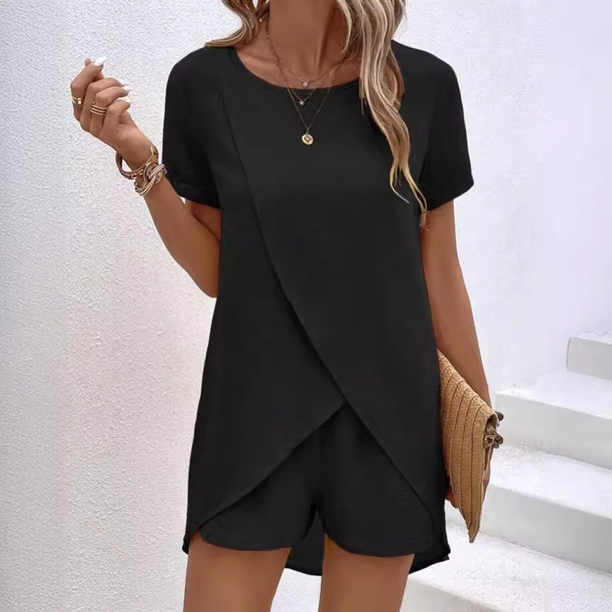 📢📢35% OFF !! ⏰Women's Solid Color Irregular Top & Shorts Two Piece Set