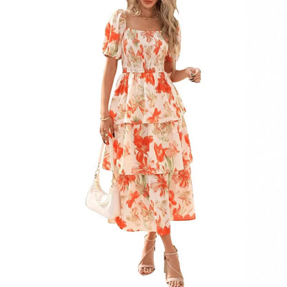 🌸 Summer Dream – Maxi Chiffon Dress with Floral Print and Ruffles – Short-Sleeved with a Round Neckline
