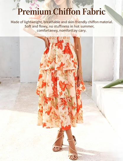 🌸 Summer Dream – Maxi Chiffon Dress with Floral Print and Ruffles – Short-Sleeved with a Round Neckline