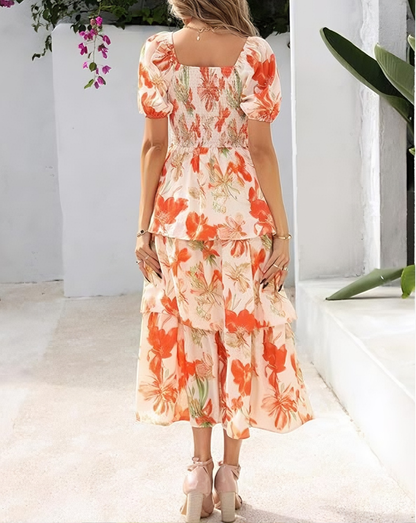 🌸 Summer Dream – Maxi Chiffon Dress with Floral Print and Ruffles – Short-Sleeved with a Round Neckline