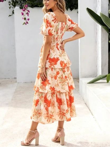 🌸 Summer Dream – Maxi Chiffon Dress with Floral Print and Ruffles – Short-Sleeved with a Round Neckline