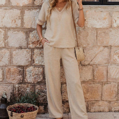 Elegant V-Neck Top & Wide-Leg Pants Set