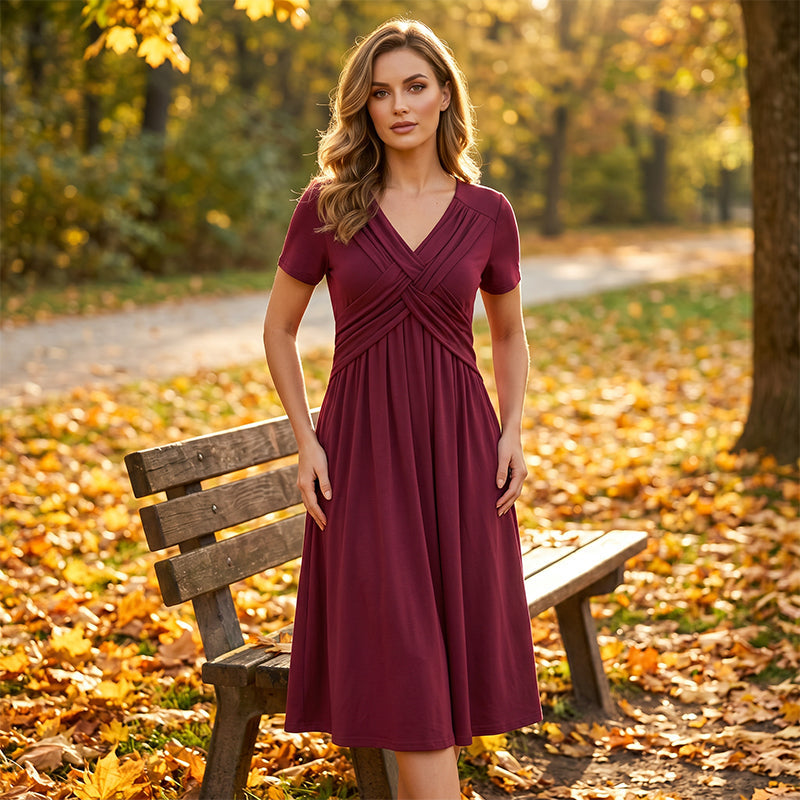 🔥 Limited-Time Sale – Up to 50% OFF✨Women's V-Neck Cross-Front Pleated Dress