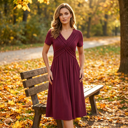 🔥 Limited-Time Sale – Up to 50% OFF✨Women's V-Neck Cross-Front Pleated Dress