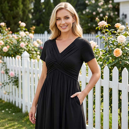 🔥 Limited-Time Sale – Up to 50% OFF✨Women's V-Neck Cross-Front Pleated Dress