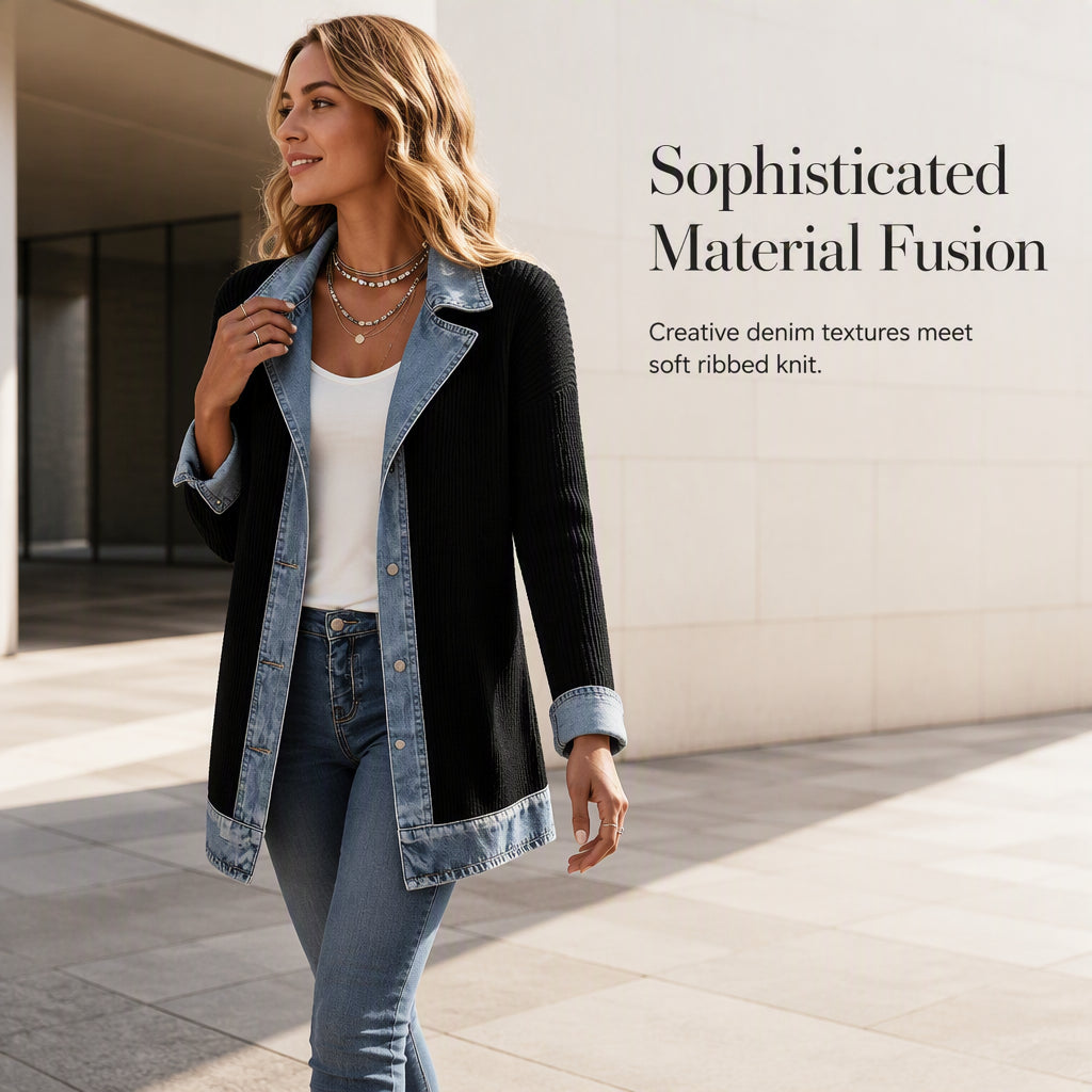 Seasonal Style🛍️Women’s Elegant Denim Spliced Ribbed Knit Coat
