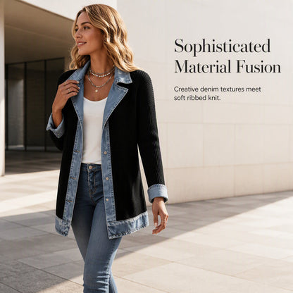 Seasonal Style🛍️Women’s Elegant Denim Spliced Ribbed Knit Coat